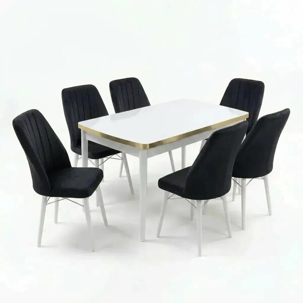 Verona Set Masa Extensibila (Marmura Alba) 80x 135 (80 x 178) Si Scaun 6 Buc, Aur Detalii, Horeca, Bucatarie, Living