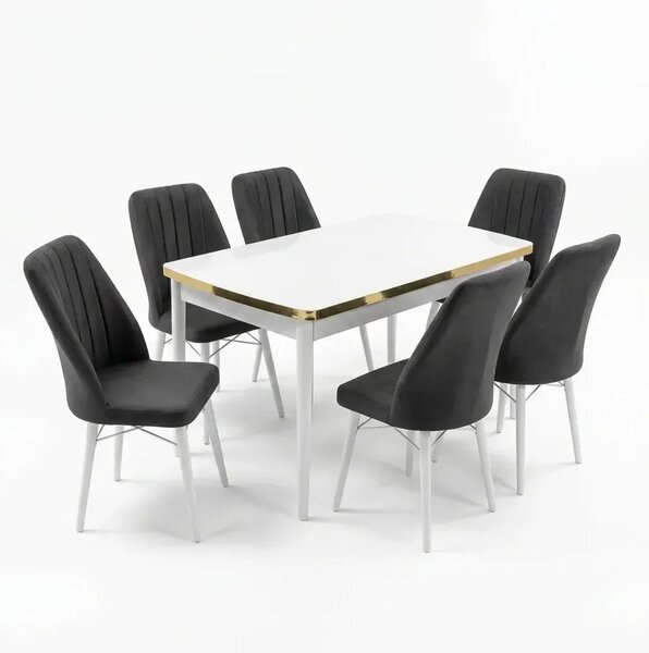 Verona Set Masa Extensibila (Marmura Alba) 80x 135 (80 x 178) Si Scaun 6 Buc, Aur Detalii, Horeca, Bucatarie, Living