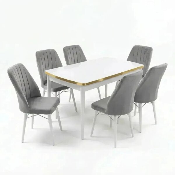 Verona Set Masa Extensibila (Marmura Alba) 80x 135 (80 x 178) Si Scaun 6 Buc, Aur Detalii, Horeca, Bucatarie, Living