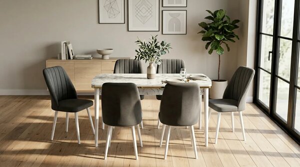 Verona Set Masa Extensibila (Marmura Alba) 80x 135 (80 x 178) Si Scaun 6 Buc, Aur Detalii, Horeca, Bucatarie, Living