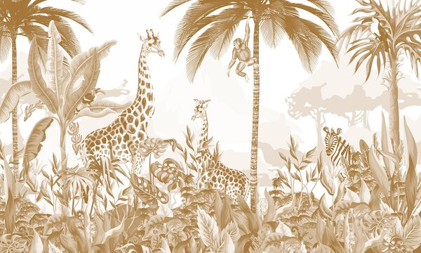 Fototapet Imagine de fundal cu girafe și zebre, Fototapet jungle, Fototapet populare, u73542 - Tapeko.ro