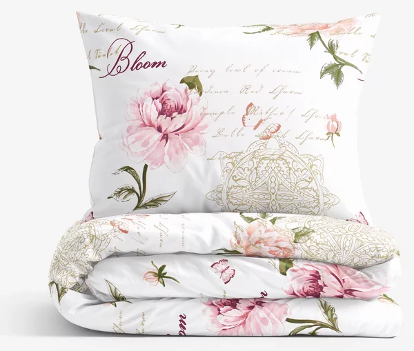 Goldea lenjerie de pat 100% bumbac - bujori cu versuri 150 x 200 și 50 x 60 cm