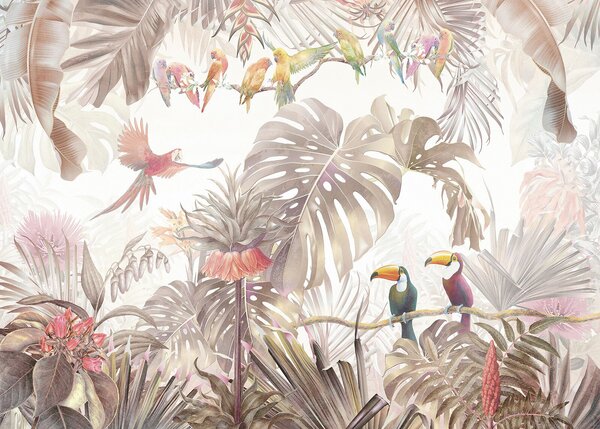 Fototapet Grup de păsări pe o ramură înconjurat de plante tropicale, Fototapet animale, Fototapet populare, u74490 - Tapeko.ro