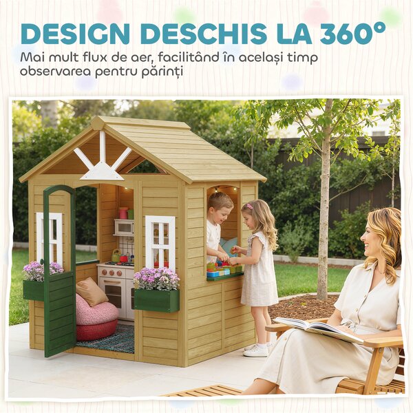 AIYAPLAY Căsuță de Grădină pentru Copii din Lemn de Molid, Căsuță de Exterior cu 3 Ferestre, 2 Jardiniere, Ușă și Acoperiș, pentru Copii 3-8 Ani, Interior și Exterior, 134.5x97x150 cm, Maro | Aosom Romania