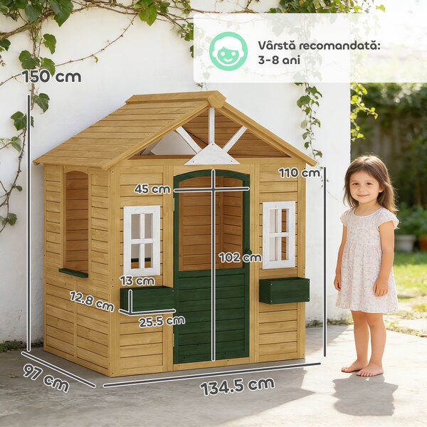 AIYAPLAY Căsuță de Grădină pentru Copii din Lemn de Molid, Căsuță de Exterior cu 3 Ferestre, 2 Jardiniere, Ușă și Acoperiș, pentru Copii 3-8 Ani, Interior și Exterior, 134.5x97x150 cm, Maro | Aosom Romania