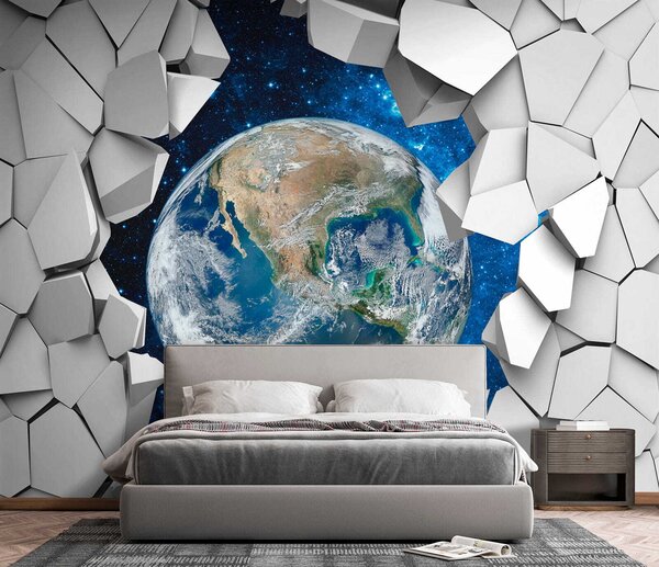 Fototapet Planeta Pământ care trece printr-o gaură în perete, Fototapet 3D, Fototapet populare, u77808 - Tapeko.ro