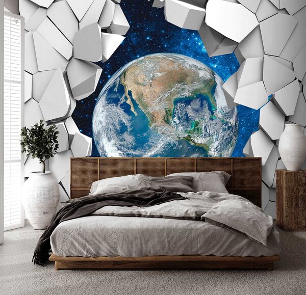 Fototapet Planeta Pământ care trece printr-o gaură în perete, Fototapet 3D, Fototapet populare, u77808 - Tapeko.ro
