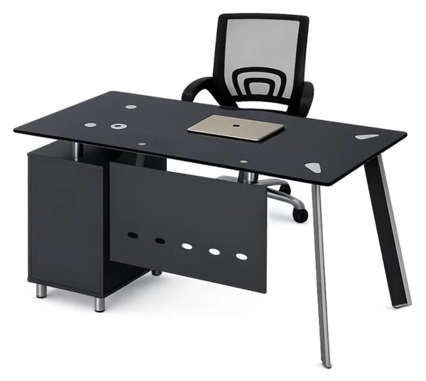 Set Venus & FlexiPro - Birou Venus cu blat din sticla,dulap lateral fix si Scaun de birou ergonomic cu spatar mesh