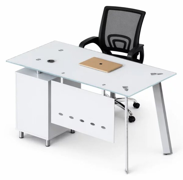Set Venus & FlexiPro - Birou cu blat de sticla,dulap lateral fix si Scaun de birou ergonomic cu spatar mesh