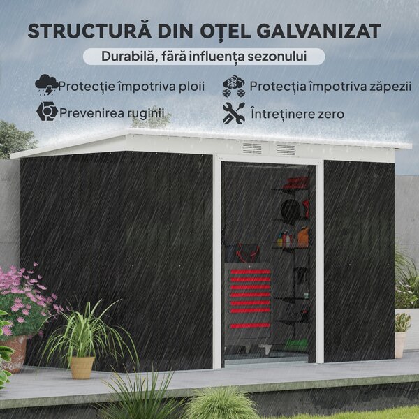 Outsunny, magazie pentru scule de gradina, casuta de gradina, sopron, 280x130x172cm, gri inchis | AOSOM RO