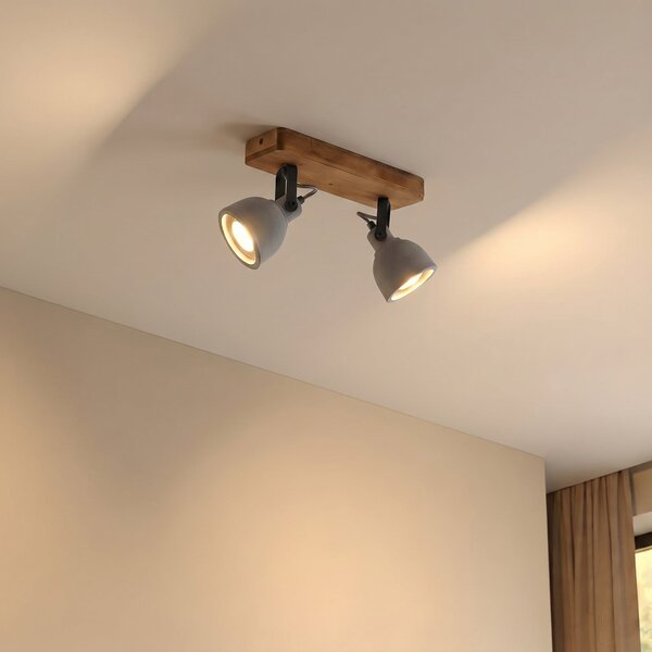 Lindby Spot Mitis, 30 cm, 2 becuri, gri, lemn, beton, GU10, reglabil, Lemn, Camera de zi / sufragerie, Beton, Design industrial