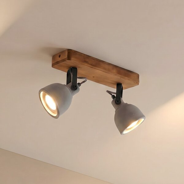 Lindby Spot Mitis, 30 cm, 2 becuri, gri, lemn, beton, GU10, reglabil, Lemn, Camera de zi / sufragerie, Beton, Design industrial