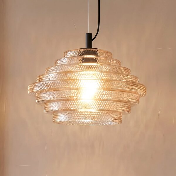 Lindby Lampă suspendată Orliana, Ø 35 cm, chihlimbar, sticlă, reglabil, Galben, Camera de zi / sufragerie, Sticlă, Modern