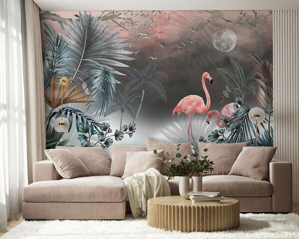 Fototapet Pictura de flamingo și plante, Fototapet pădure, Fototapet populare, u78601 - Tapeko.ro