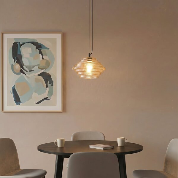 Lindby Lampă suspendată Orliana, Ø 35 cm, chihlimbar, sticlă, reglabil, Galben, Camera de zi / sufragerie, Sticlă, Modern