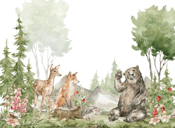 Fototapet Pictură în acuarelă de animale în pădure, Fototapet copii, Fototapet populare, u78735 - Tapeko.ro