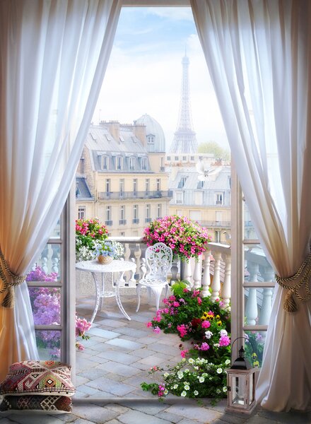 Fototapet Balcon cu vedere la Turnul Eiffel, Fototapet ferestre, Fototapet populare, u79425 - Tapeko.ro
