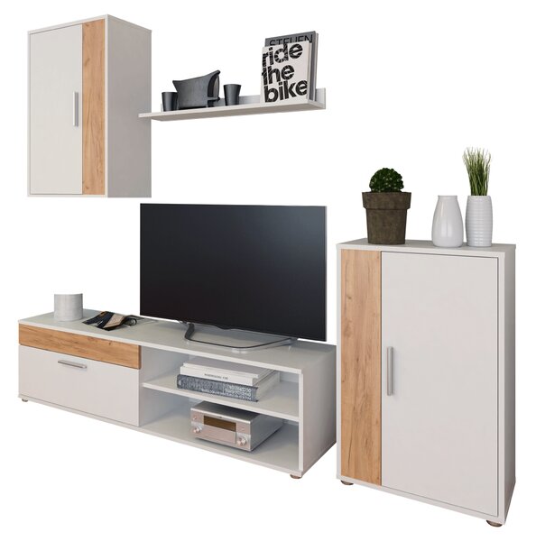 KONDELA Perete living, alb / stejar artizanal, KEVIN