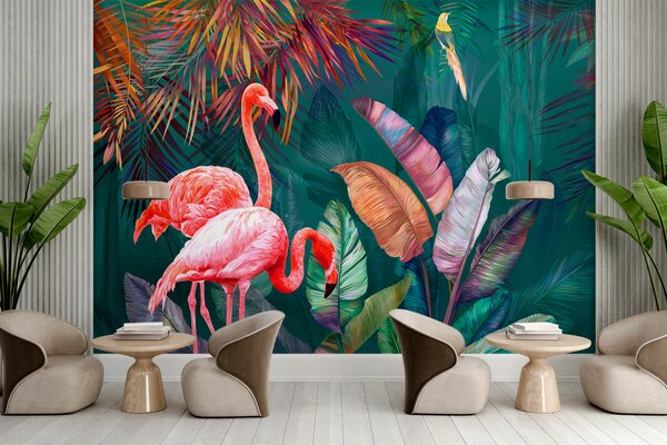 Fototapet Flamingo și frunze colorate, Fototapet 3D, Fototapet populare, u80403 - Tapeko.ro