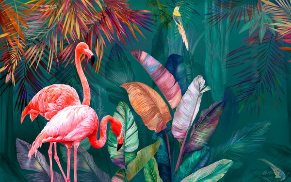 Fototapet Flamingo și frunze colorate, Fototapet 3D, Fototapet populare, u80403 - Tapeko.ro
