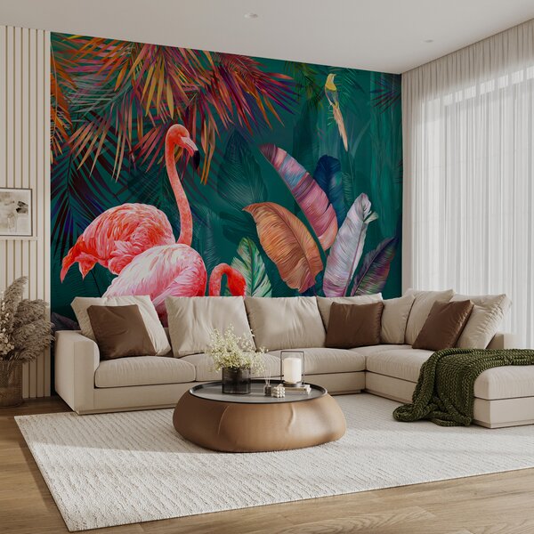 Fototapet Flamingo și frunze colorate, Fototapet 3D, Fototapet populare, u80403 - Tapeko.ro