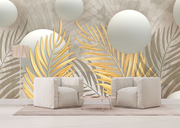Fototapet Motiv cu frunze tropicale și sfere delicate, Fototapet designer, Fototapet populare, u80467 - Tapeko.ro