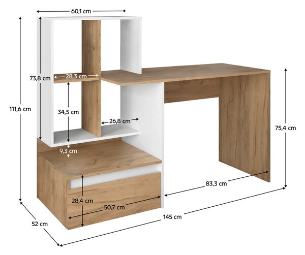 Birou NEREO NEW, stejar artisan/alb, DTD laminat, 145x52x112 cm