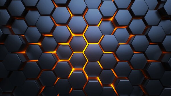 Fototapet Hexagoane negre cu lumini portocalii, Fototapet geometric 3D, Fototapet populare, u93570 - Tapeko.ro