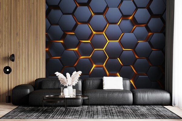 Fototapet Hexagoane negre cu lumini portocalii, Fototapet geometric 3D, Fototapet populare, u93570 - Tapeko.ro