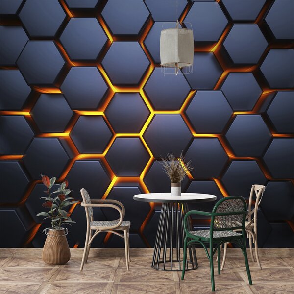 Fototapet Hexagoane negre cu lumini portocalii, Fototapet geometric 3D, Fototapet populare, u93570 - Tapeko.ro