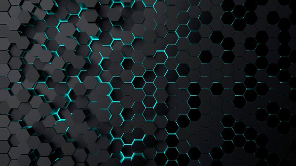 Fototapet Hexagoane negre cu lumini albastre, Fototapet geometric 3D, Fototapet populare, u93618 - Tapeko.ro