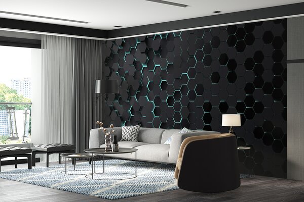 Fototapet Hexagoane negre cu lumini albastre, Fototapet geometric 3D, Fototapet populare, u93618 - Tapeko.ro
