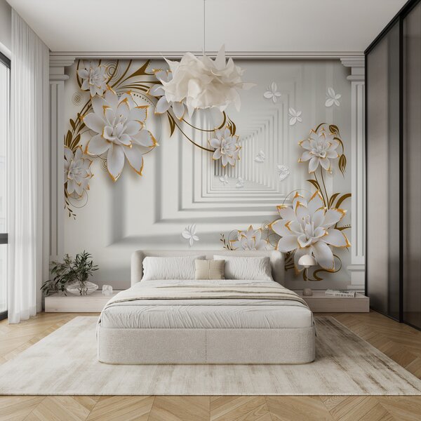 Fototapet Cadru floral elegant cu file de unt, Fototapet flori 3D, Fototapet populare, u93693 - Tapeko.ro