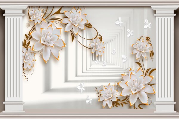 Fototapet Cadru floral elegant cu file de unt, Fototapet flori 3D, Fototapet populare, u93693 - Tapeko.ro