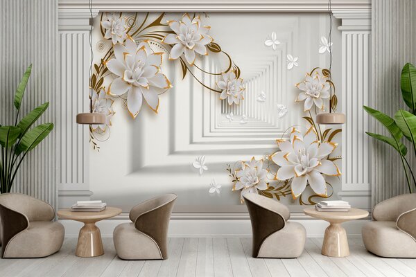 Fototapet Cadru floral elegant cu file de unt, Fototapet flori 3D, Fototapet populare, u93693 - Tapeko.ro