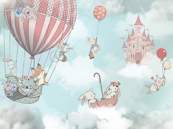 Fototapet Desen animat de animale într-un balon cu aer cald, Fototapet copii, Fototapet populare, u93905 - Tapeko.ro