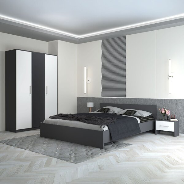 Dormitor Hera, 4 Piese, Pat , 2Noptiere, Dulap, Culoare Gri 160x200