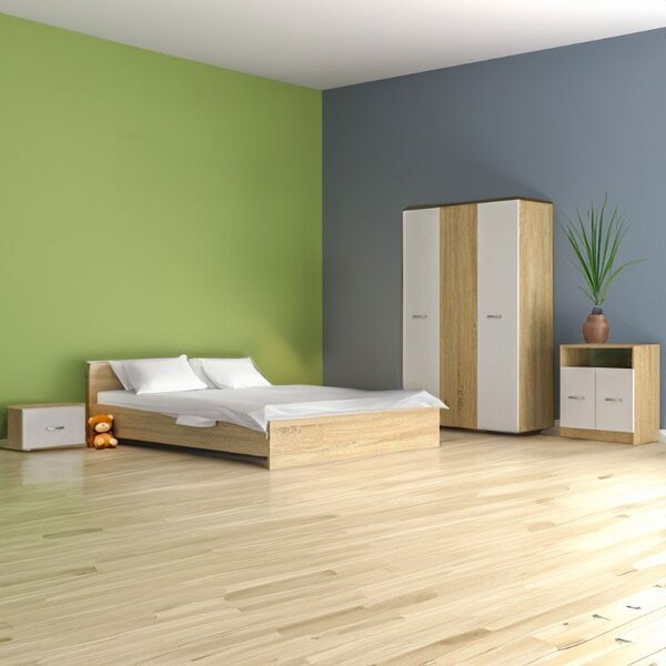 Dormitor Madrid, 5 Piese, Pat , 2Noptiere, Dulap, Comoda, Culoare Stejar Sonoma /Alb 160x200