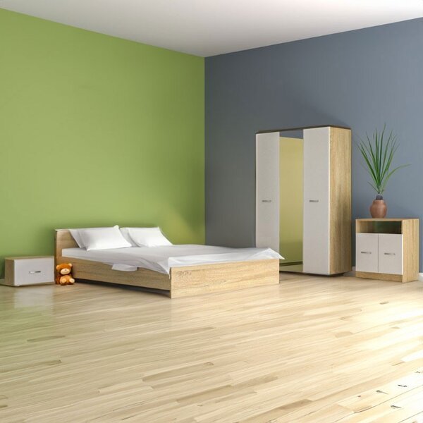 Dormitor Madrid, Cu Oglinda 5 Piese, Pat , 2Noptiere, Dulap, Comoda, Culoare Stejar Sonoma /Alb 160x200