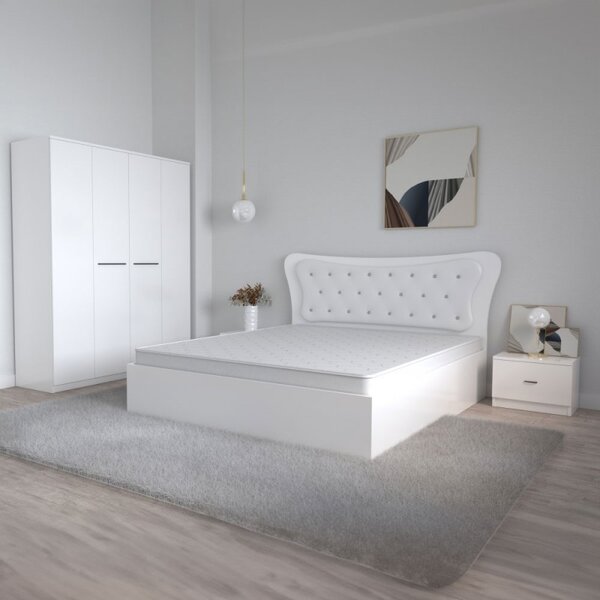 Dormitor Dante, 4 Piese, Pat Dante 160 X 200, 2Noptiere, Dulap Mirela Alb, Culoare Alb