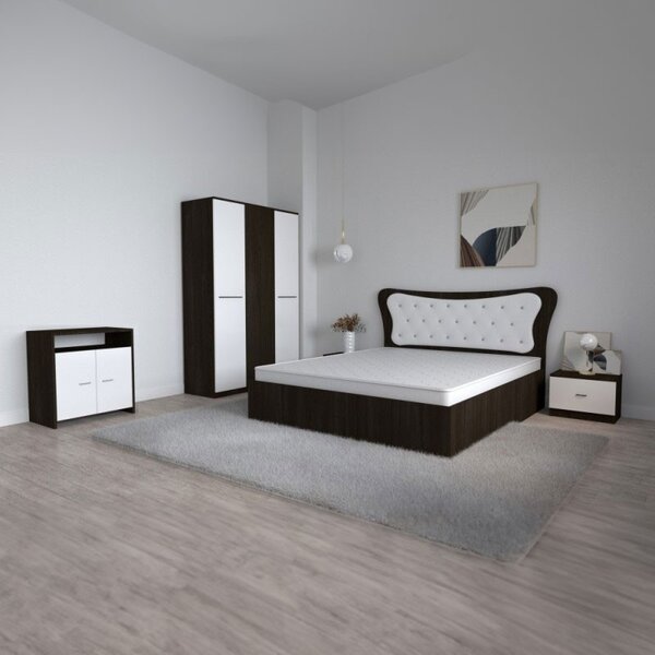 Dormitor Dante, 5 Piese, Pat Dante 160 X 200, 2Noptiere, Dulap Hera W, Comoda Mirela, Culoare Wenge/Alb