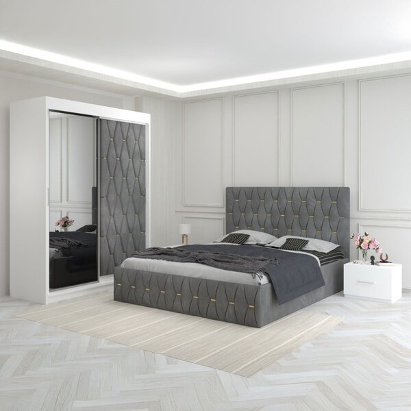 Dormitor Eric Gri Cu Dulap Tapitat 160x200
