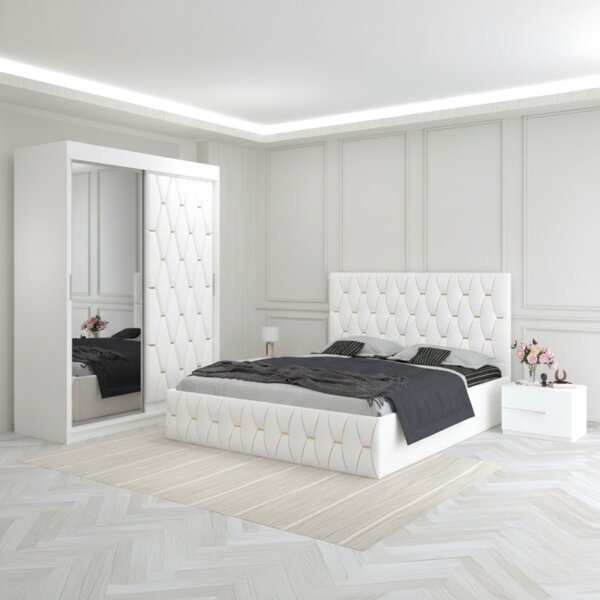 Dormitor Eric Alb Cu Dulap Tapitat 140x200