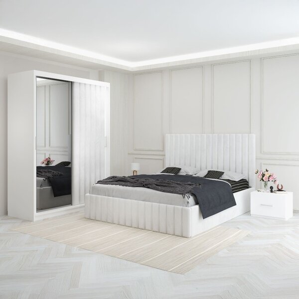 Dormitor Luca Alb Cu Dulap Tapitat 160x200
