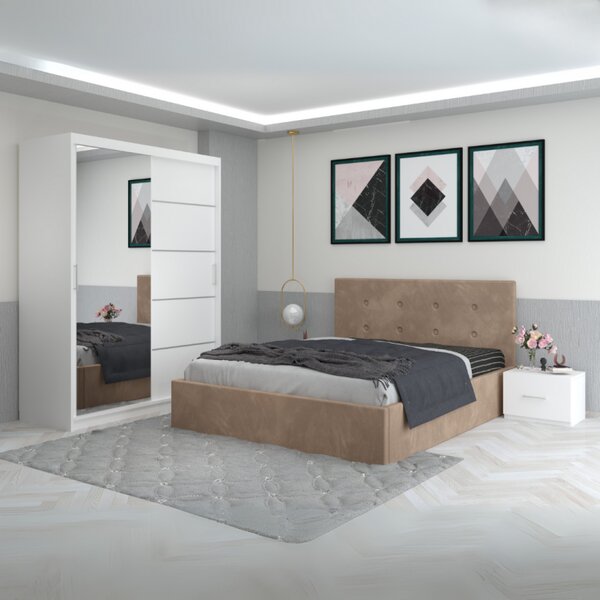 Dormitor Filip Crem Cu Pat Tapitat Catifea 160x200
