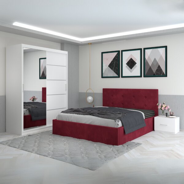 Dormitor Filip Visiniu Cu Pat Tapitat Catifea 160x200