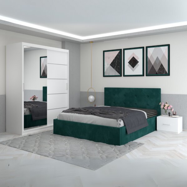 Dormitor Filip Verde Cu Pat Tapitat Catifea 160x200