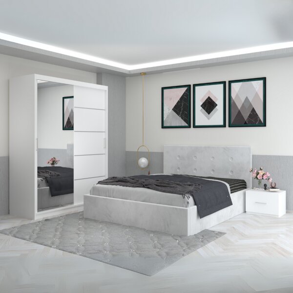 Dormitor Filip Alb Cu Pat Tapitat Catifea 160x200