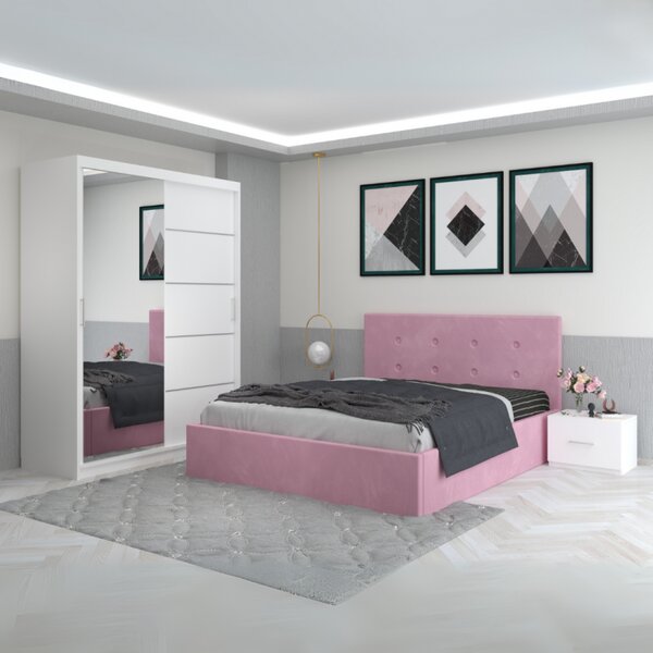 Dormitor Filip Roz Cu Pat Tapitat Catifea 160x200