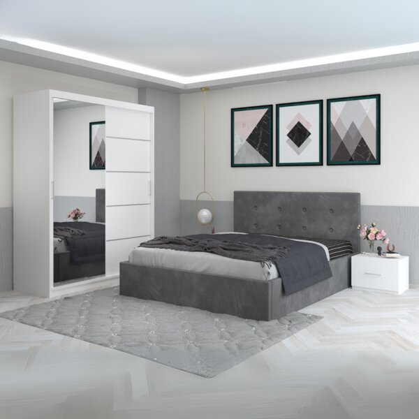 Dormitor Filip Gri Cu Pat Tapitat Catifea 160x200